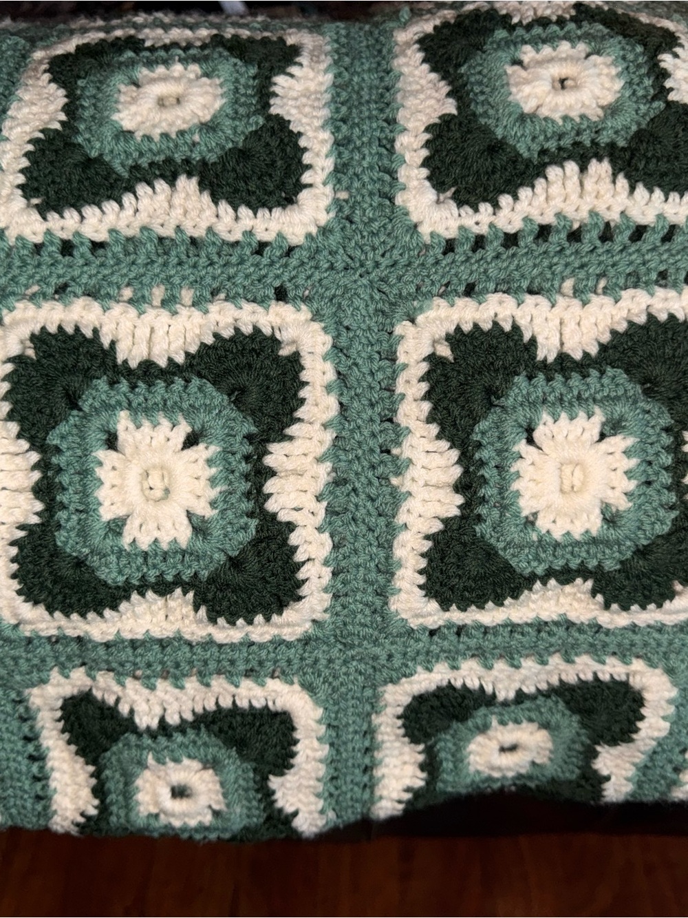 Handmade Crochet Blanket Throw in Green, Cream and Dark Green